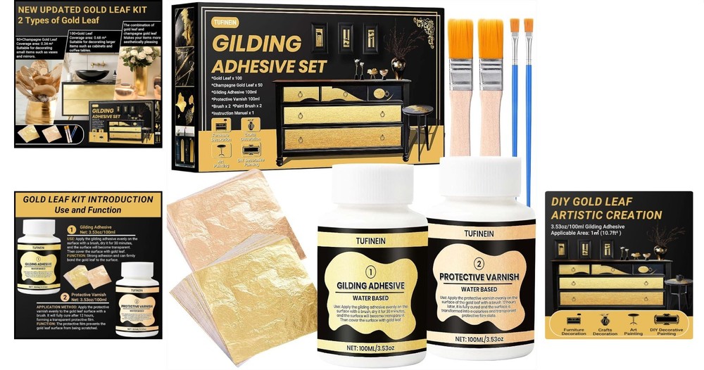 Versatile Gold Leaf Gilding Kit, 100ml Water-Based Adhesive & Tools Included