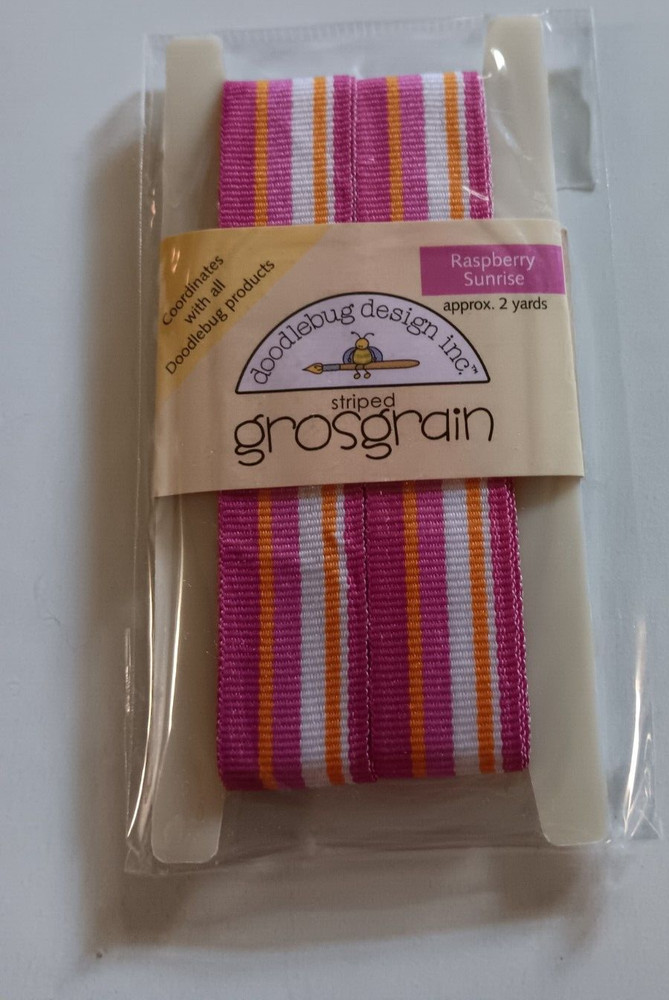 Doodlebug Ribbon Spool Striped Grosgrain Raspberry Sunrise Pink Orange