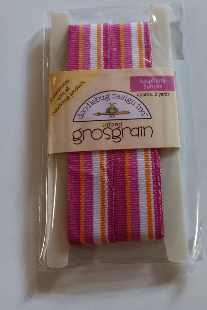 Doodlebug Ribbon Spool Striped Grosgrain Raspberry Sunrise Pink Orange