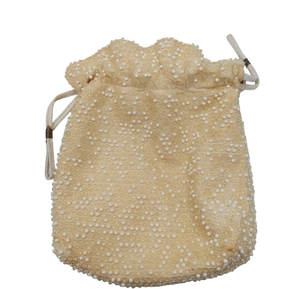 Beaded Purse With Pull String Closure Cream Colored Reversible