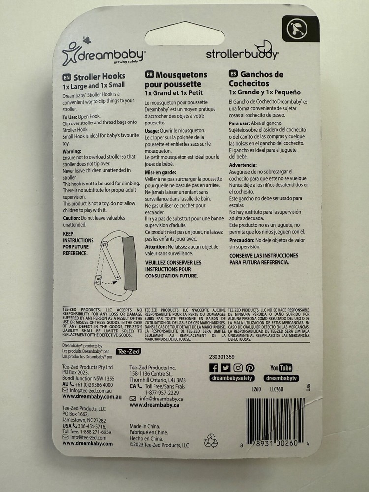 Dreambaby Strollerbuddy 2 Stroller Hooks, 1 x Large & 1 x Small