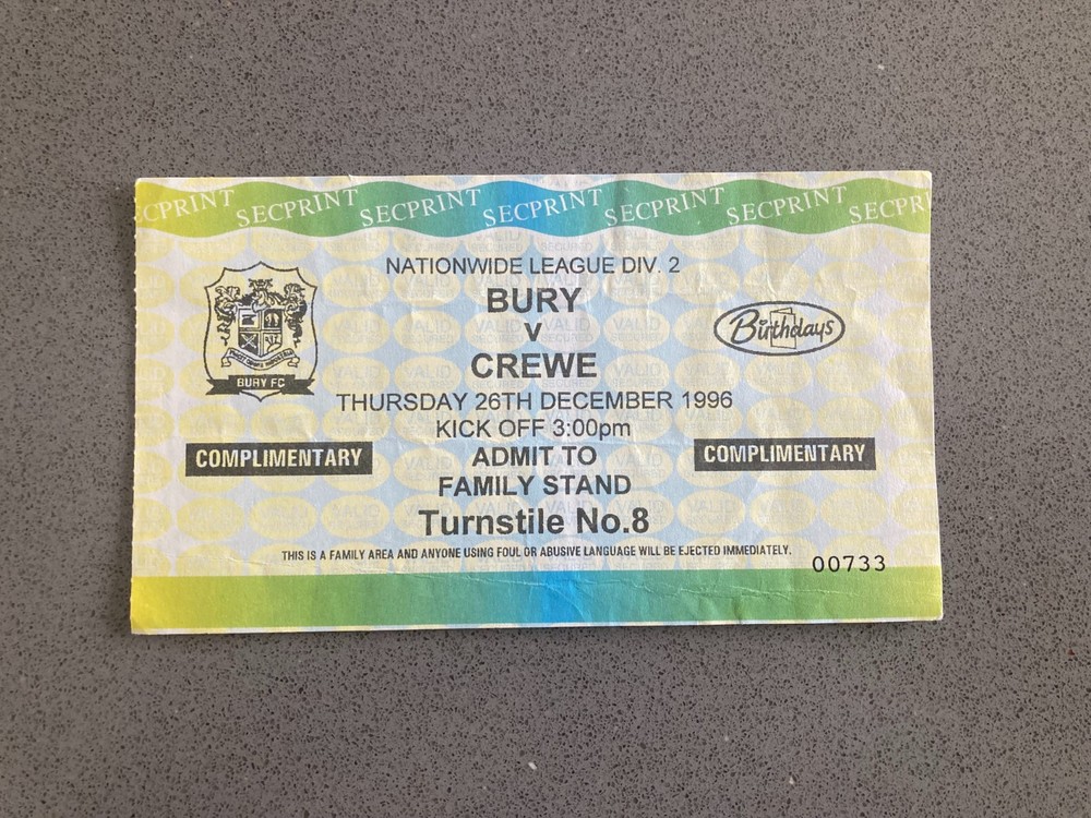 Bury v Crewe Alexandra 1996-97 Match Ticket