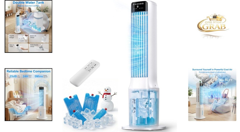 Portable Windowless Swamp Cooler 2.4 Gal Water Tank 24H Timer 4 Modes