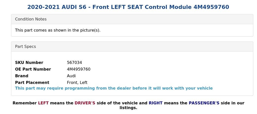 2020-2021 AUDI S6 - Front LEFT SEAT Control Module 4M4959760