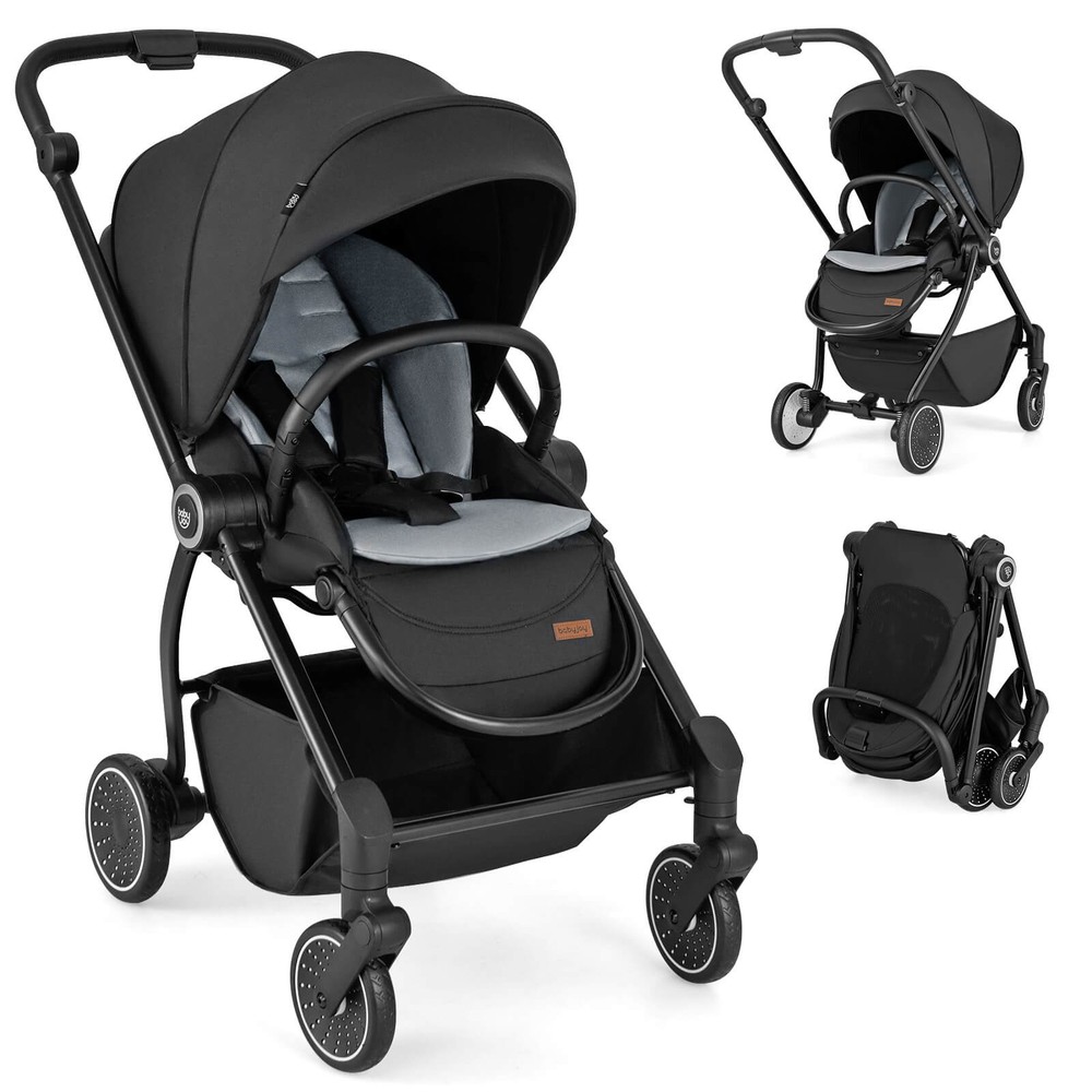 Baby Stroller Foldable Infant Pram Stroller w/ Reclining Backrest Handle