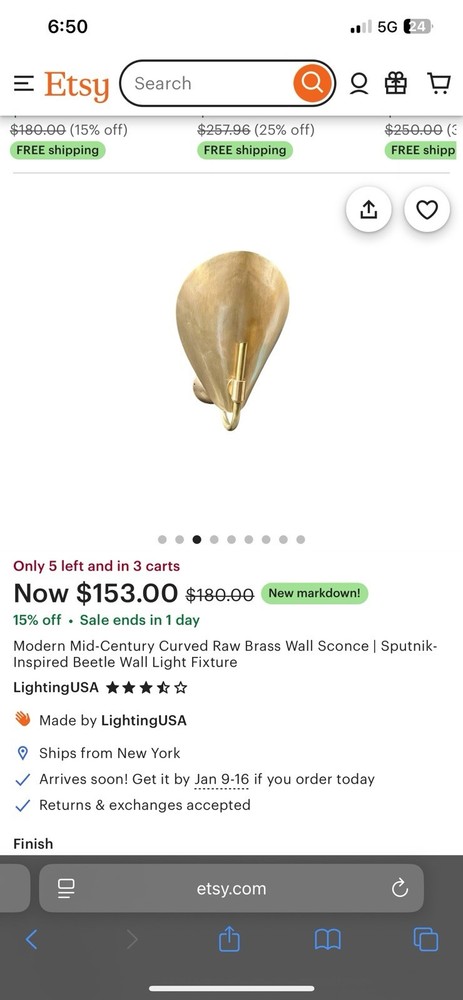 Mid Century Inspired Modern Brass Sconces Lights 1 Pair