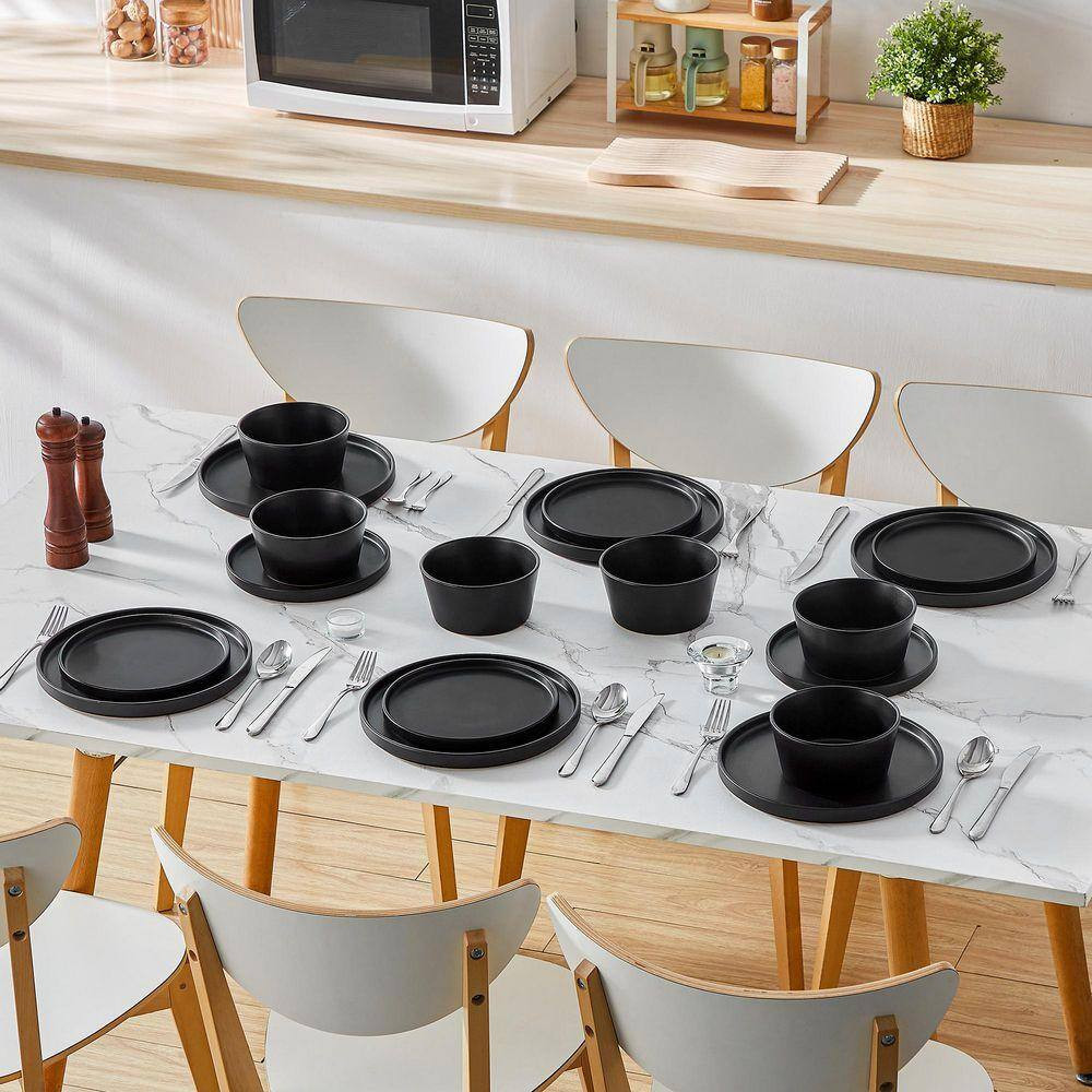 Dinnerware Set 18 Piece Matte Black Stoneware Plates Bowls Service for 6