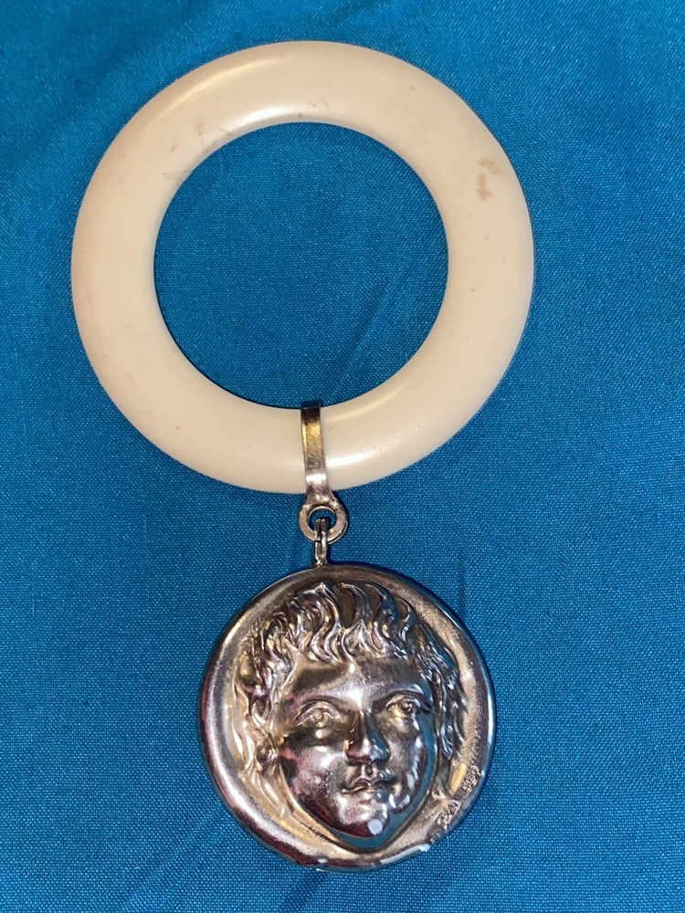 Antique Sterling Silver Babies Rattle Teether ring Crisford & Norris Cherub face