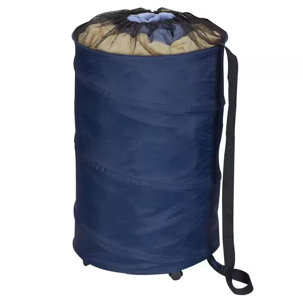 Pop up Polyester Laundry Hamper with Wheels in Navy Blue