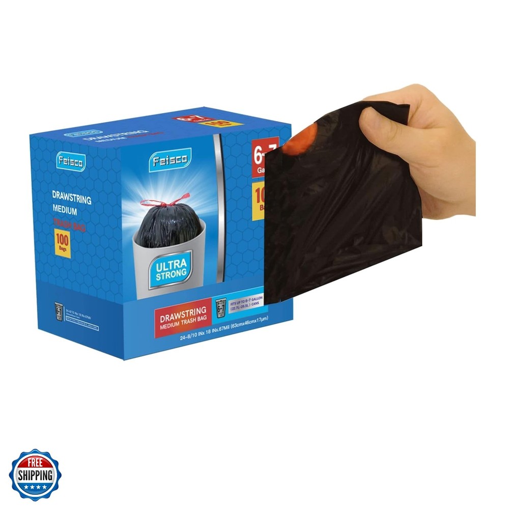 6-7 Gallon Black Trash Bag,Medium Drawstring Garbage Bag Trash Can Liner,100 ...