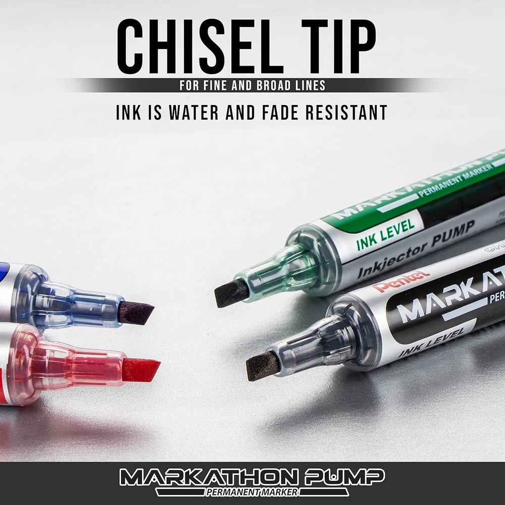 Pentel Markathon Pump Permanent Marker, Chisel Tip, Black Ink, 4 Pack