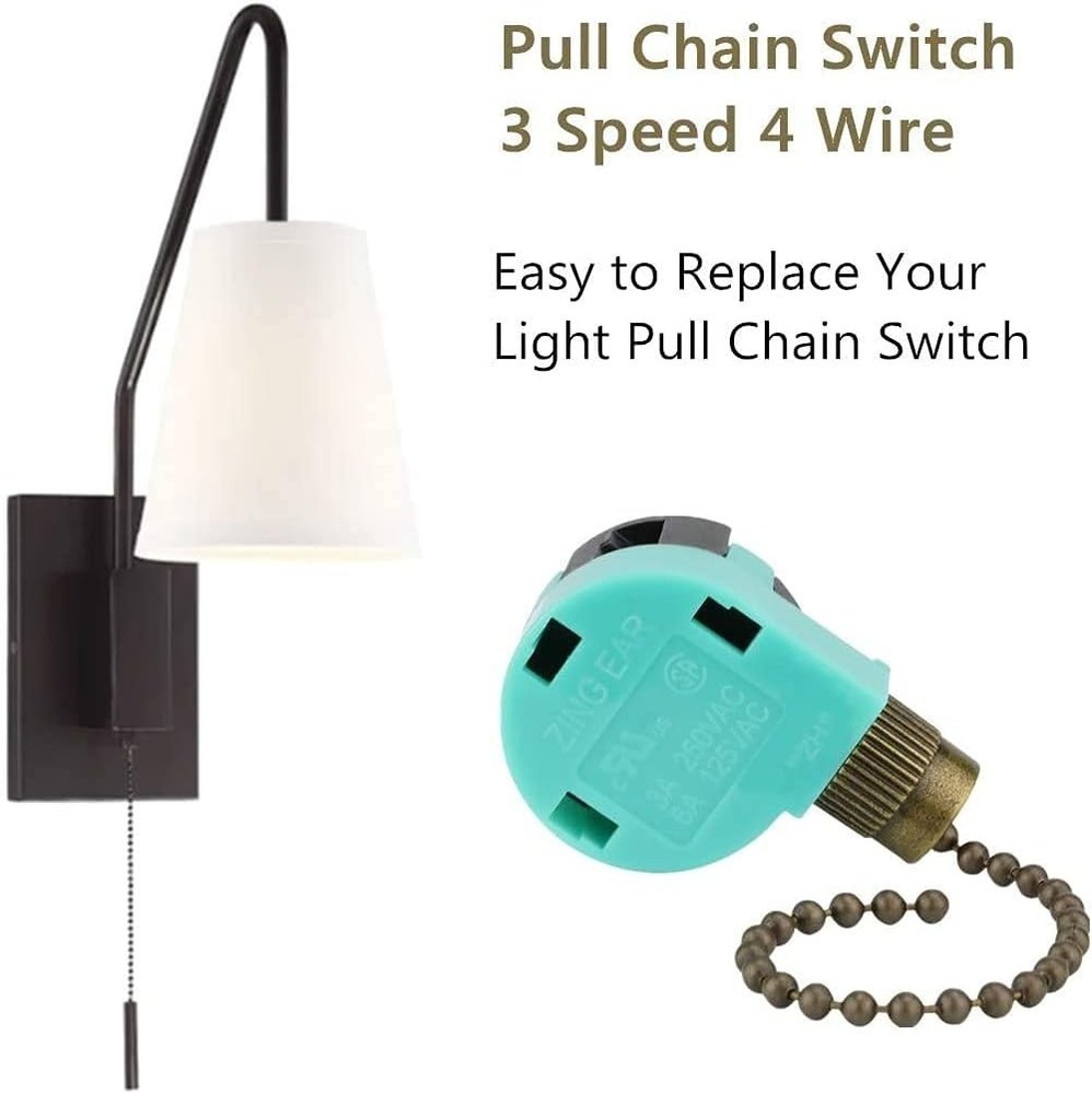 Ceiling Fan Switch 3 Speed 4 Wire Zing Ear ZE-268S6 Pull Chain Switch Control...