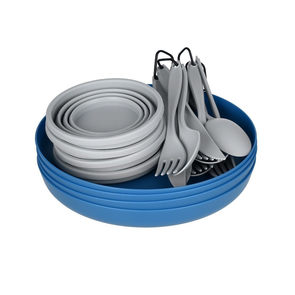 4 Person Table Set with Plastic Plates and Flatware, and Silicone Cups, 21