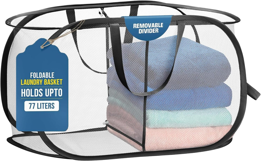 Foldable Laundry Basket - Popup and Collapsible, Durable Mesh Material, Folds fo