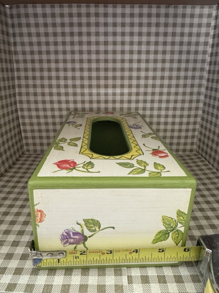 Vintage 80s Floral Kleenex Tissue Holder Rectangular Wooden Box