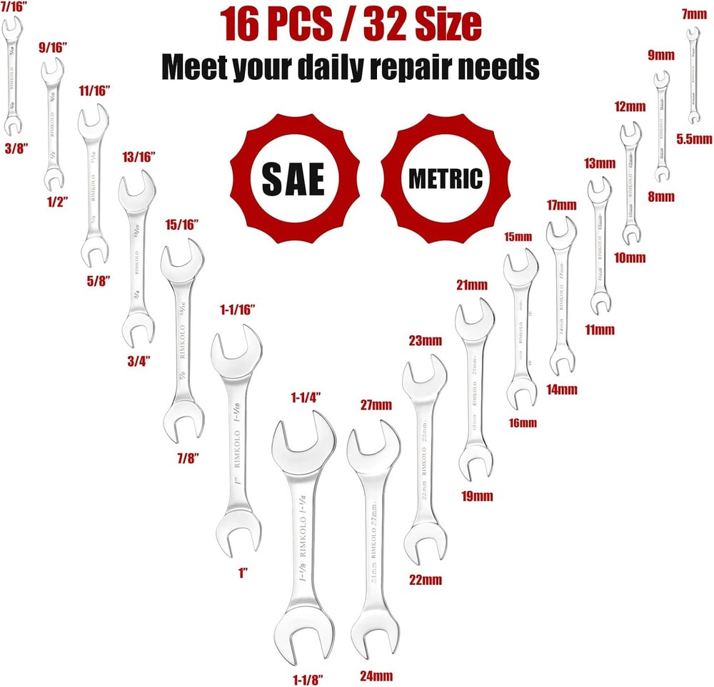 Super-Thin Open End Wrench Set, 16-Piece SAE & Metric 3/8"