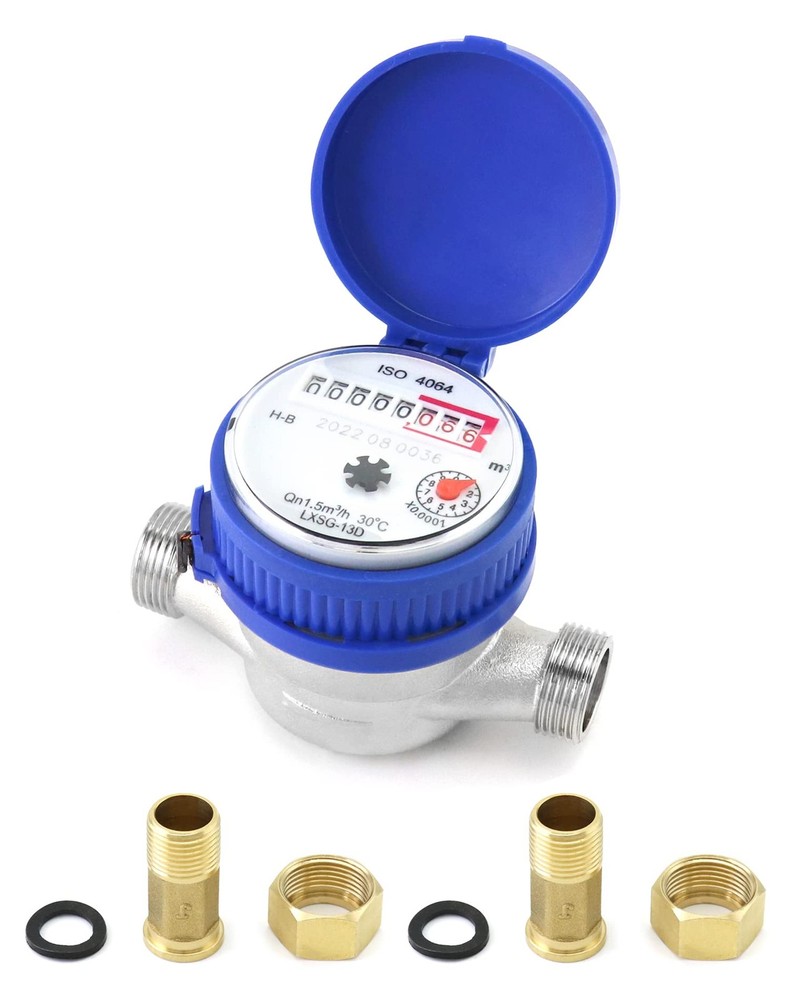 QWORK Water Meter, 1/2" NPT 304 Stainless Steel Cold Flow Meter 1 Pack