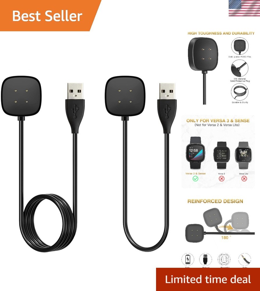 Brand New 2-Pack 3.3ft+1ft Black Compact USB Charger Cables for Fitbit Versa ...