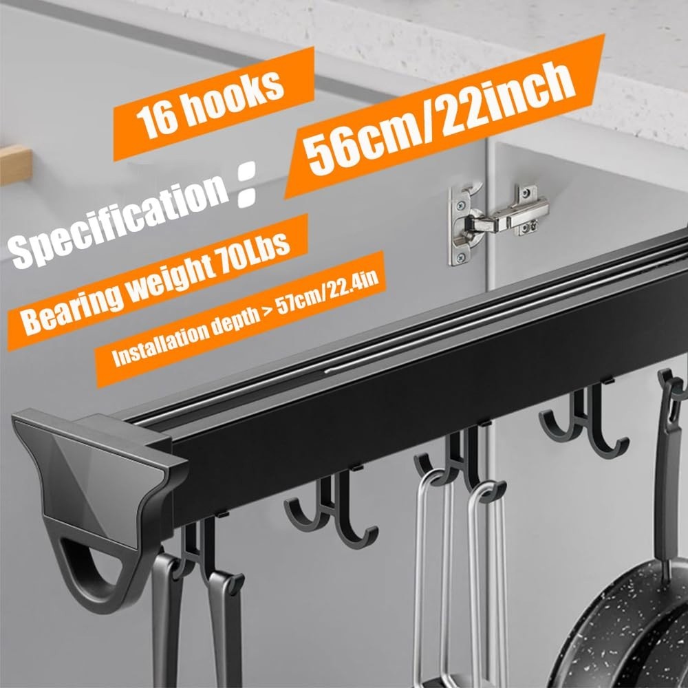 Pull Out Pot Rack, 22" Pull Out Pots and Pans Organizer with 16 Hook, Aluminu...