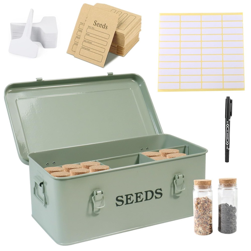 Seed Storage Organizer, 4 Compartment Metal Seed Saving Box with Lid and Safe...