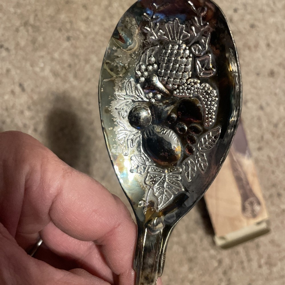 SILVER PLATED SERVING SPOON FRUIT DESIGN New In Box Tarnish