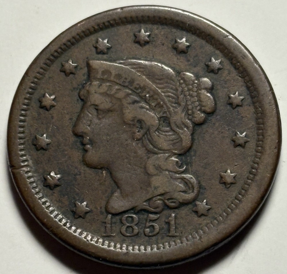1851 Braided Hair Large Cent — Circulated