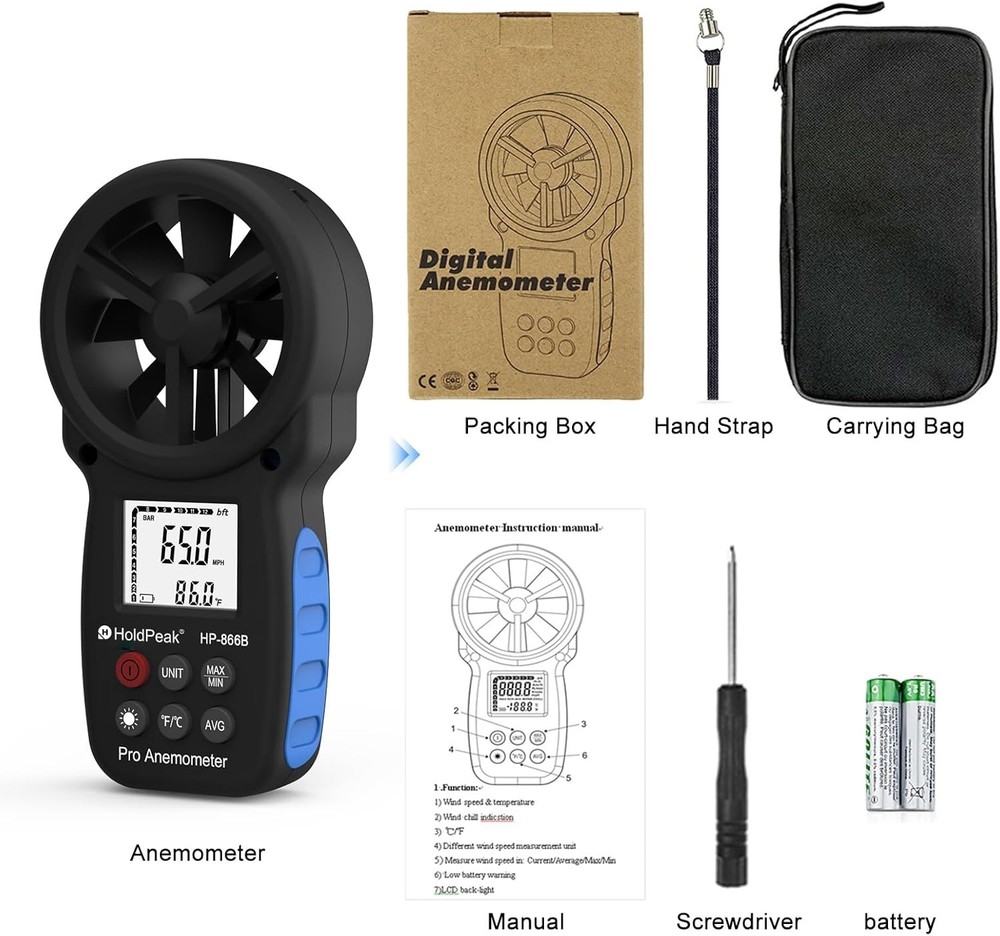Accurate Digital Anemometer with Backlight for Wind Speed & Temp Measurement