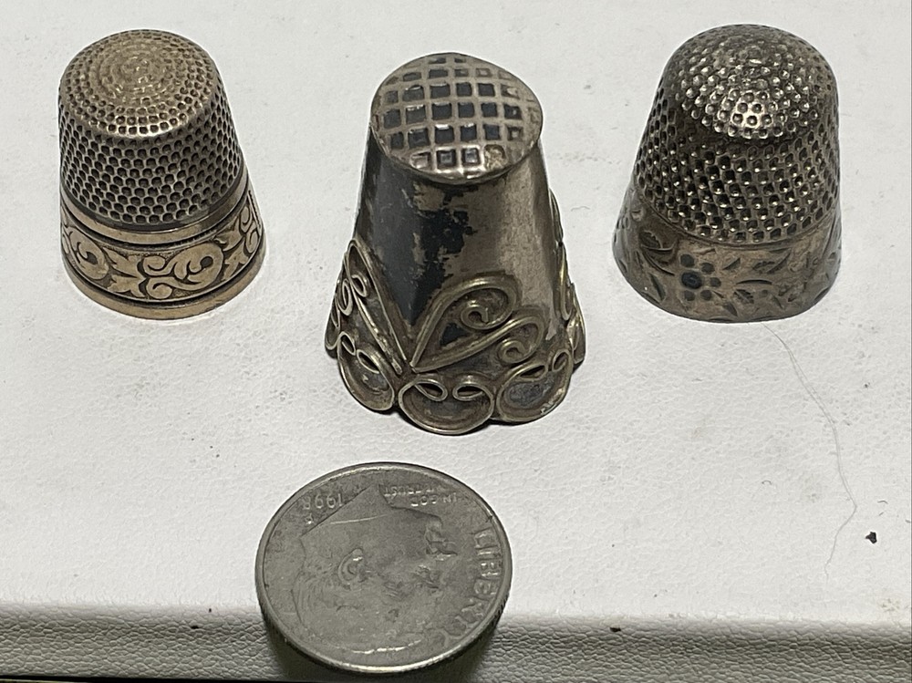 3 ANTIQUE Vintage Solid SILVER Size 7 PANELED THIMBLEs