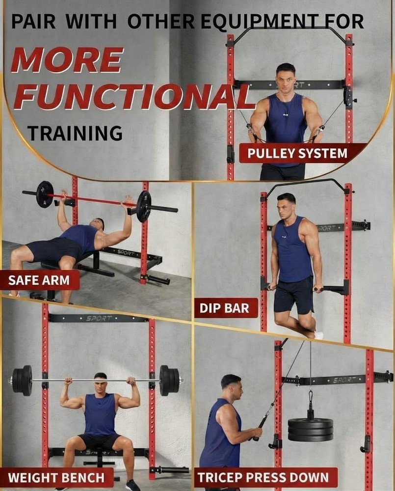 1000LBS Capacity Folding Wall-Mounted Squat Rack W/ Pull-Up Bar J-Hooks&Landmine