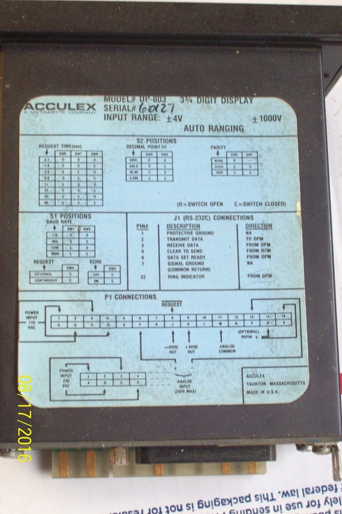 ACCULEX 3-3/4 DIGIT DISPLAY PANEL MOUNT COUNTER 4 VOLT INPUT MODEL DP-803