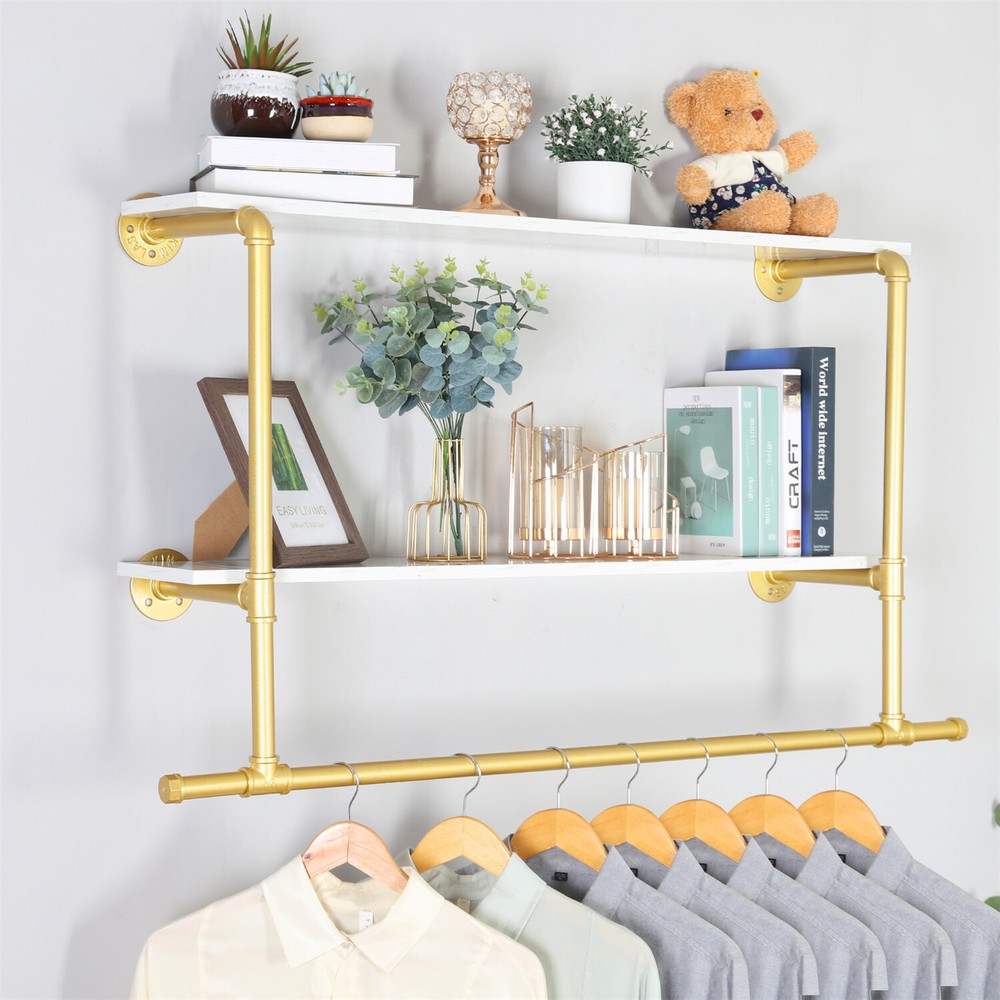 Saving Space Clothes Display Rack Wall-mounted with Hanging Rod for Laundry Room