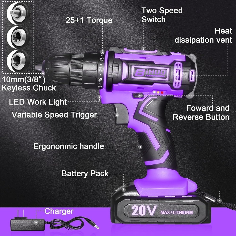 20V Cordless Power Drill Kit with 43 Bits & LED Light