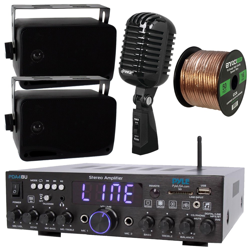 Pyle PDA4BU Bluetooth Stereo Receiver, 2x 3.5'' Black Speakers, Retro Mic, Wire