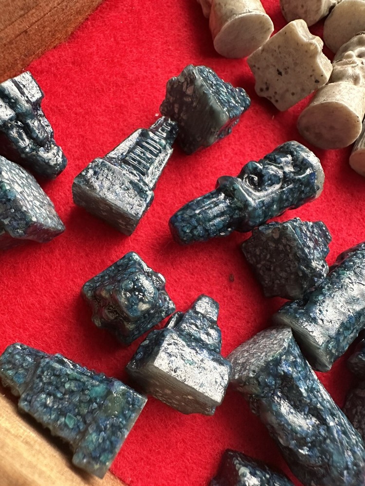 Vintage Mini Mayan Aztec Chess Set Complete Blue & White