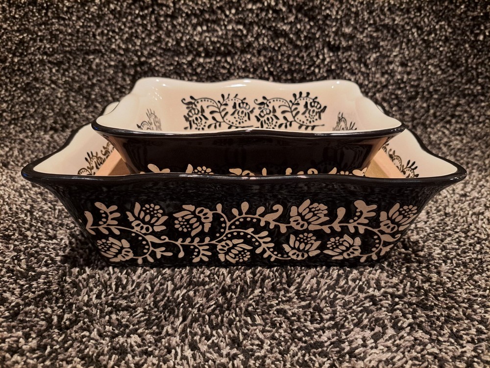 Stoneware Bread Pans, 2 Sizes - B&W Floral Pattern Glazed Ceramic Bakeware Set