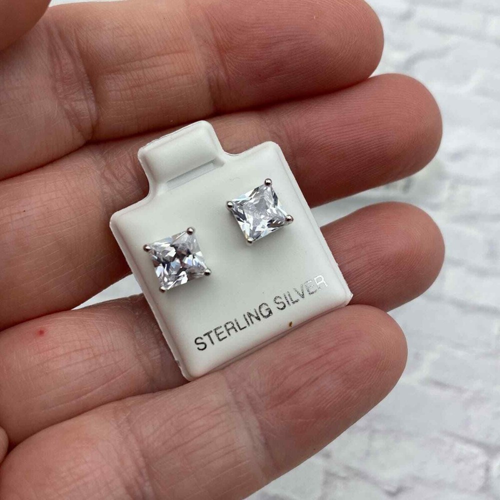 Sterling Silver 6mm Square Clear CZ Stud Earrings