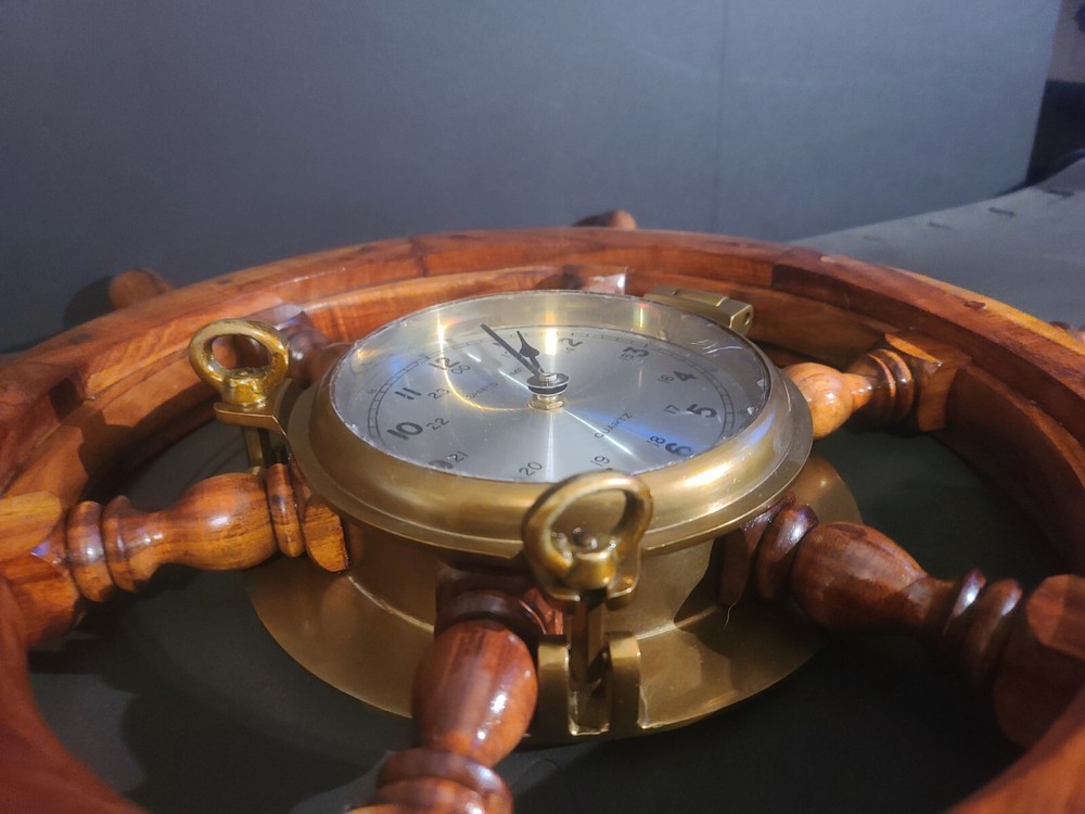 Wood Ships Wheel With Solid Brass Porthole Ships Time Quartz Clock, 24" Diameter
