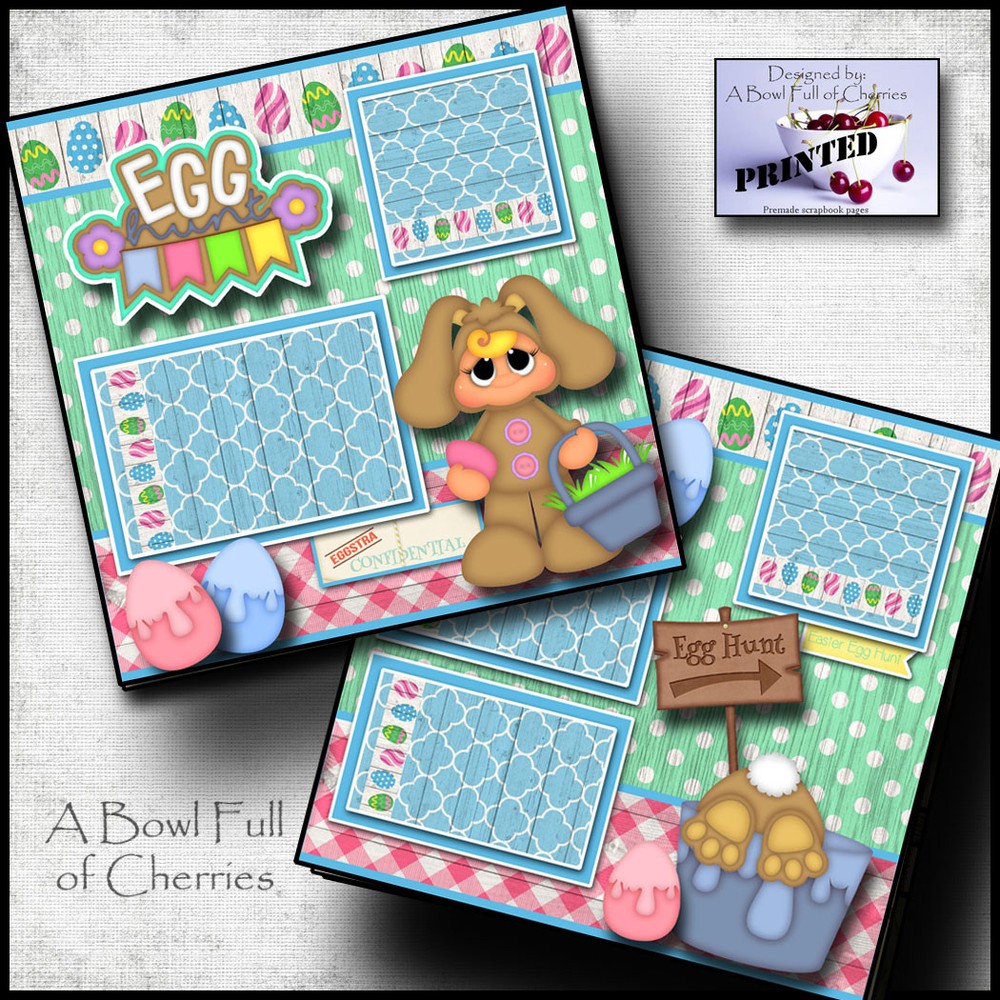 EASTER EGG HUNT ~  2 premade scrapbooking pages paper piecing layout  ~BY CHERRY