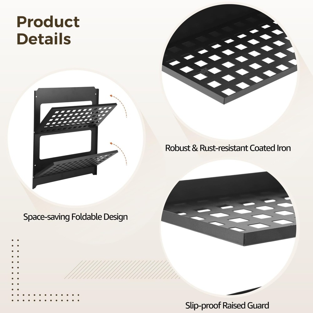 2-Tier Folding Metal Wall Shelf, Foldable Wall-Mounted Rack, Space-Saving Dou...