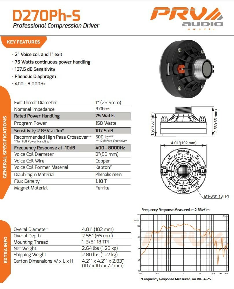 4x PRV Audio D270Ph-S 1" Exit Screw-on Phenolic Compression Driver 8Ohm 150W Max