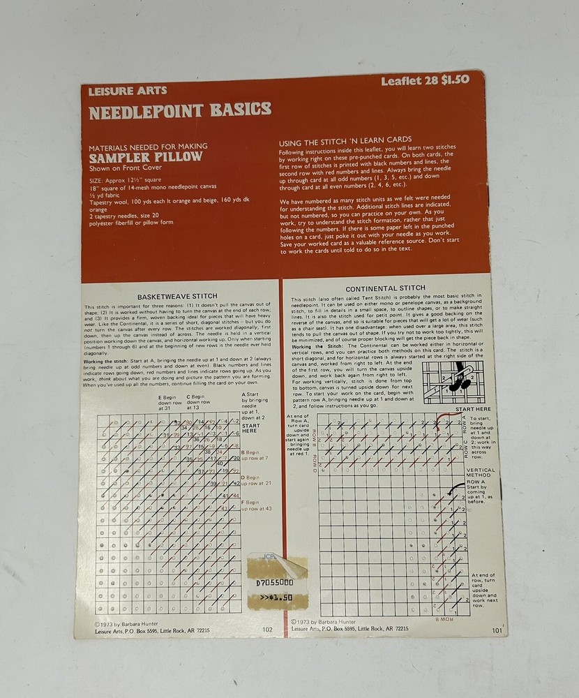 Leisure Arts 1973 Leaflet 28 Needlepoint Basics Sampler Pillow Stitch Diagrams