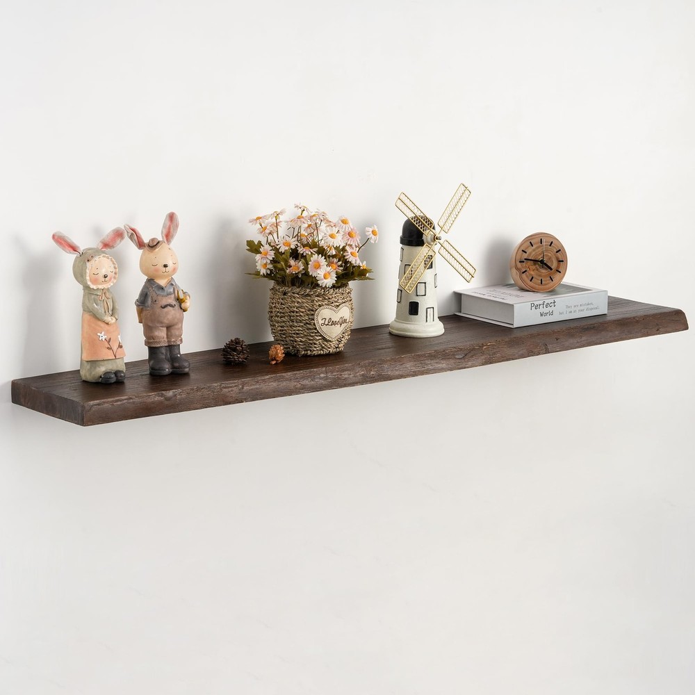 48" Rustic Elm Floating Shelves - Solid Wood Live Edge with Invisible Bracket...