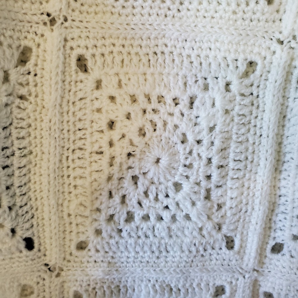 Large Handmade Crocheted Afghan - White Squares With Fringe 91"x46"