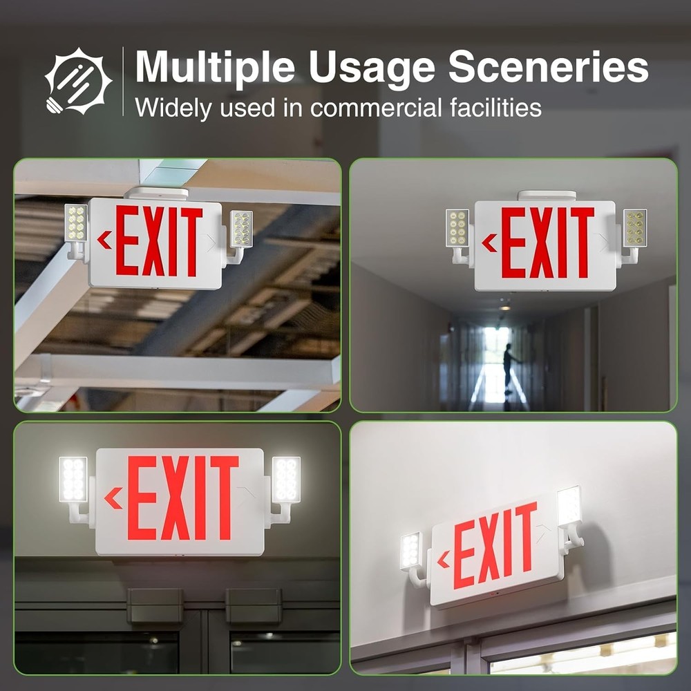 6 Pack Red Exit Signs with Emergency Lights, Two LED Adjustable Head Emergency