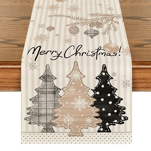 Stripes Pine Trees Merry Christmas Table Runner, 13" x 72", Table Runner Brown