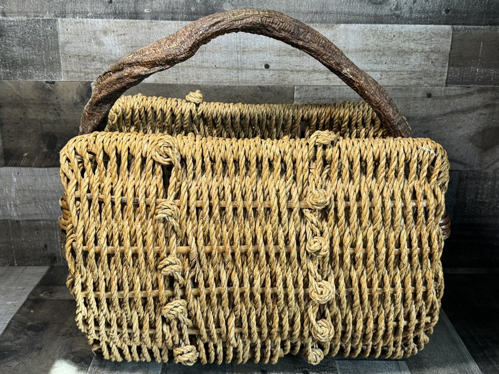 Vintage Boho Wicker Basket With Branch Handle Large UNIQUE