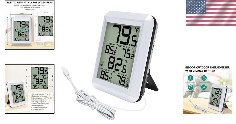 Digital LCD Thermometer for Home and Office - Wired, Waterproof, Compact Design