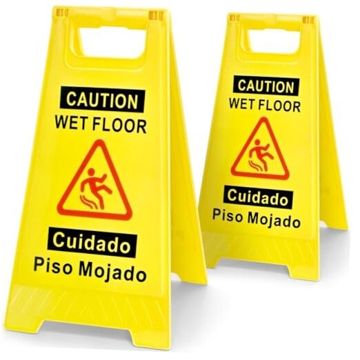 2 Pack Caution Wet Floor Sign, 17.5" Height, Bright Yellow, Double-Sided A