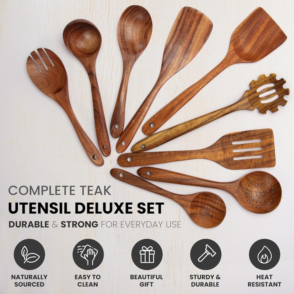Kitchen 9-Piece Teak Cooking Utensil Set