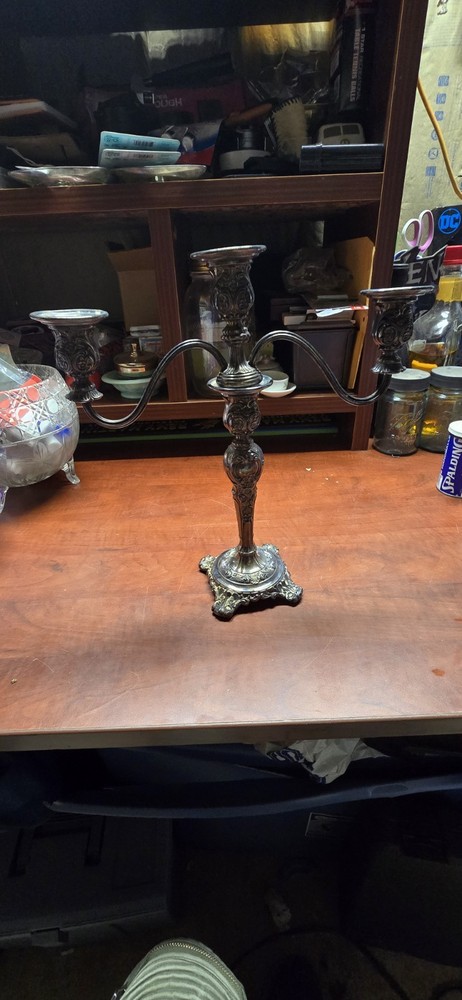 WM Rogers and Son 3 Arm Silver Candlesticks Victorian Rose